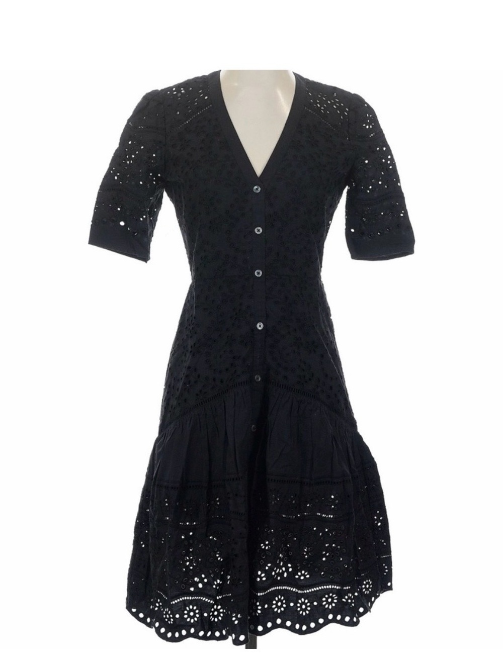 Veronica Beard Black Eyelet Button-Front Midi Dress